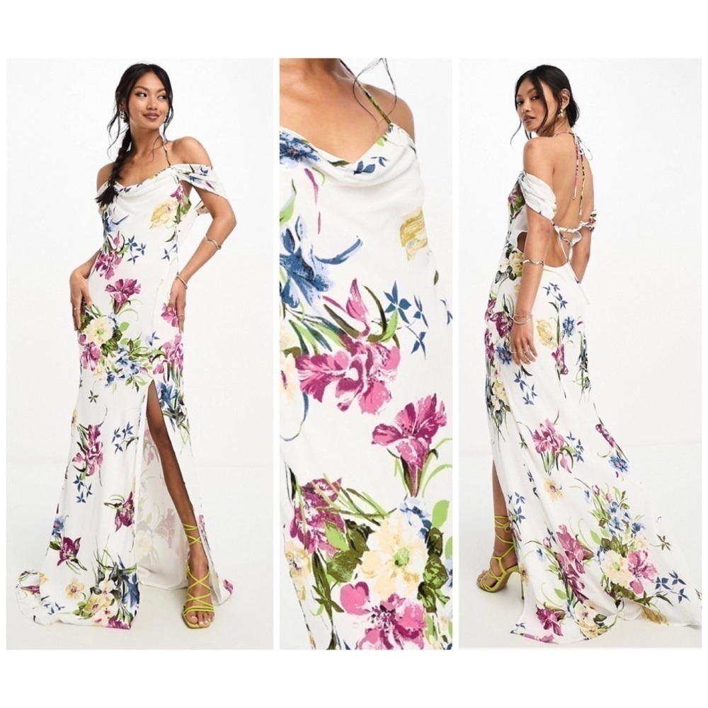 ASOS White Floral Cowl Neck Strappy Open Back Bias Maxi Dress Size 12 Large